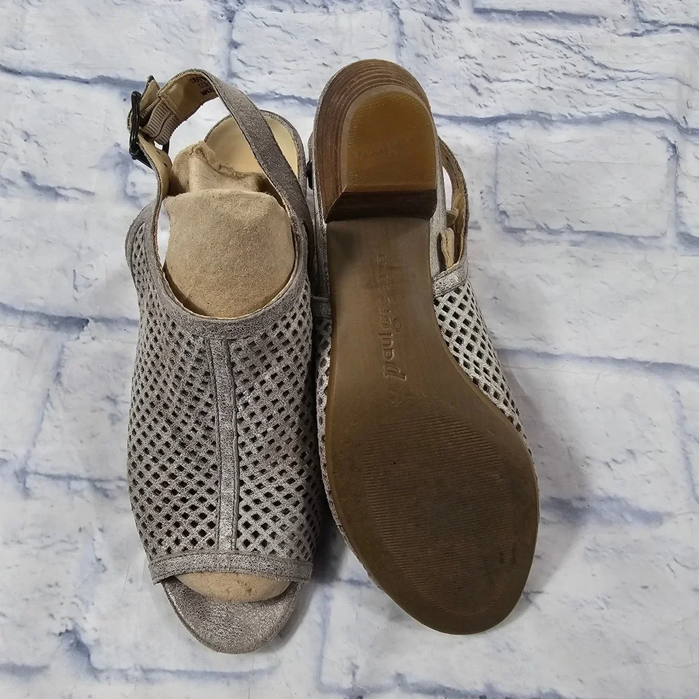 Paul Green Lois Slingback Sandals Size 7.5 Silver Metallic Laser Cut Block Heel